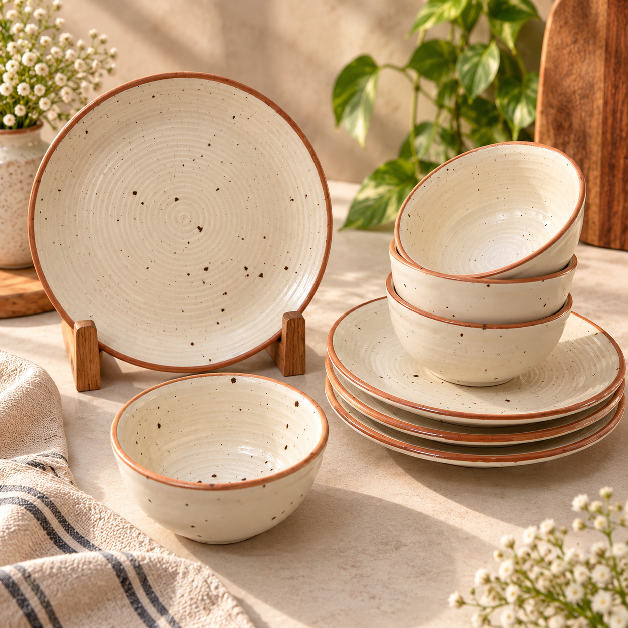 Rustic Speckled Ceramic Quarter Plate & Bowl Set of 4pc
