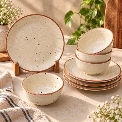 Rustic Speckled Ceramic Quarter Plate & Bowl Set of 4pc
