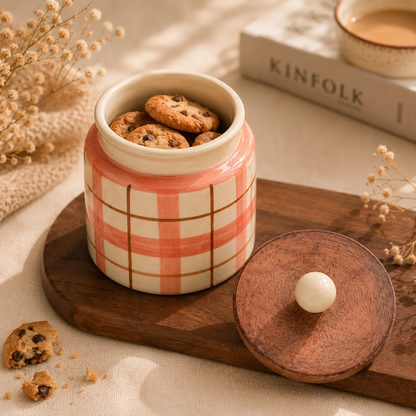 Pink Plaid Ceramic Storage Jar with Wooden Lid