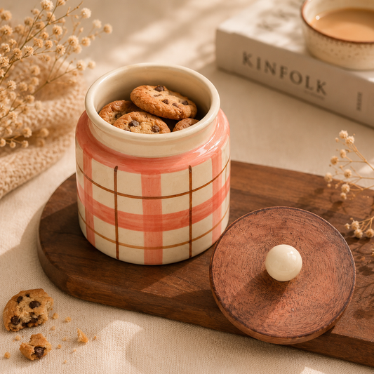 Pink Plaid Ceramic Storage Jar with Wooden Lid