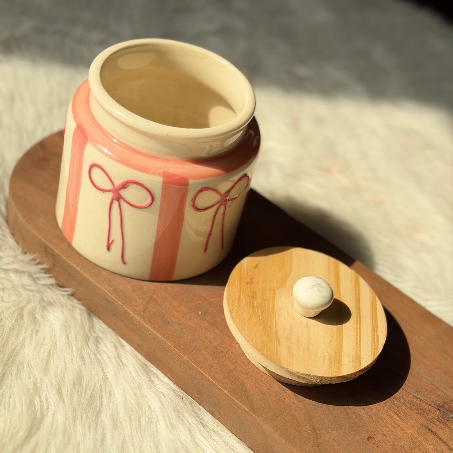 Blush Bow Jar with Wooden Lid