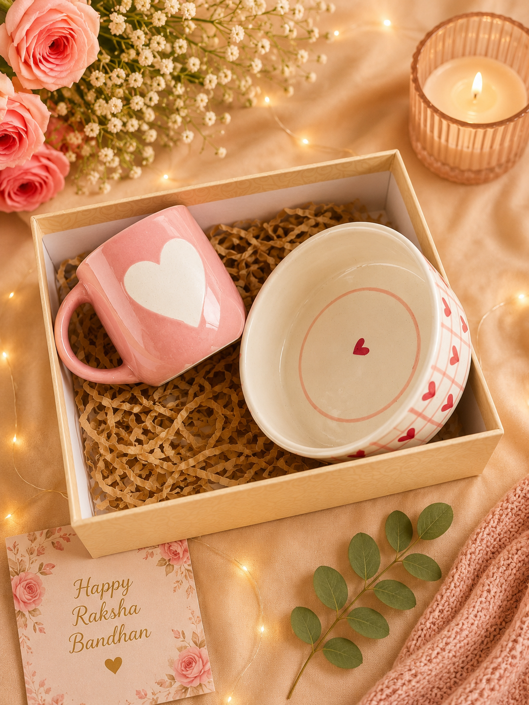 Pink Heart Ceramic Mug & Bowl Gift Set | Valentine & Raksha Bandhan Gift Hamper