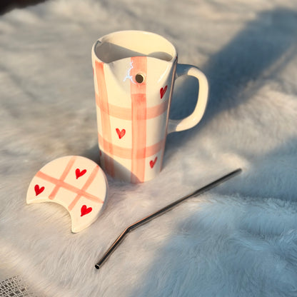 Heart Checkered Ceramic Smoothie Mug with Lid & Straw Holder