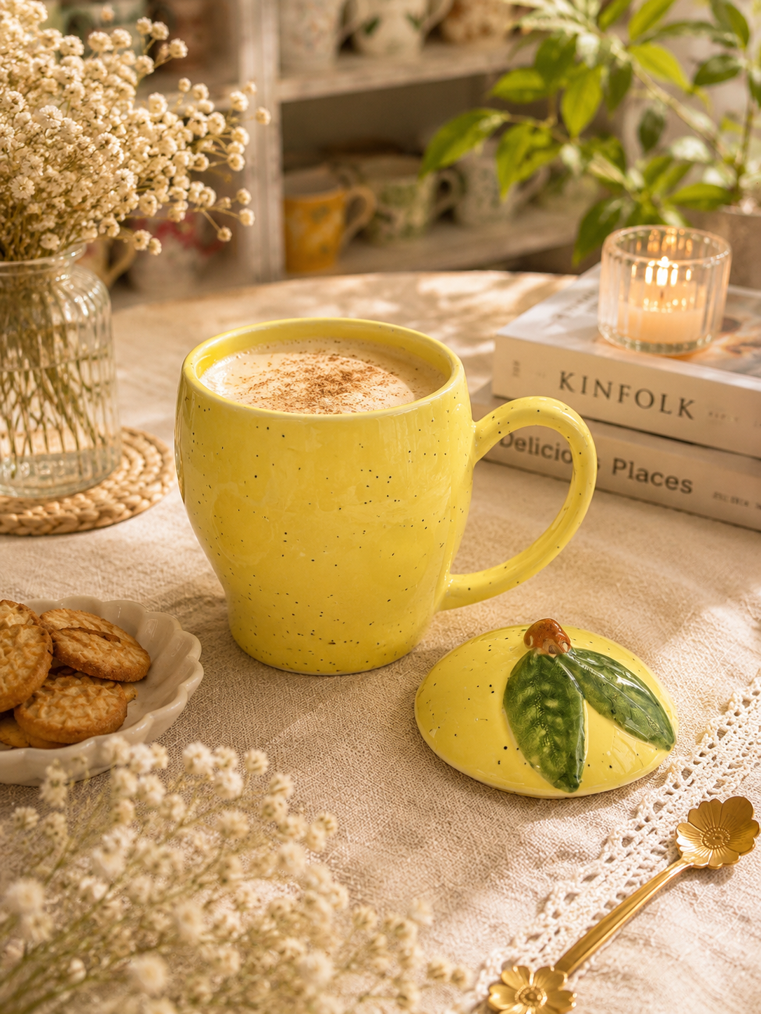 Lemon Yellow Speckled Ceramic Mug with Leaf Lid