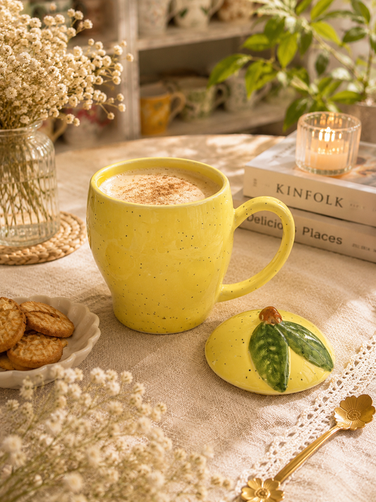 Lemon Yellow Speckled Ceramic Mug with Leaf Lid