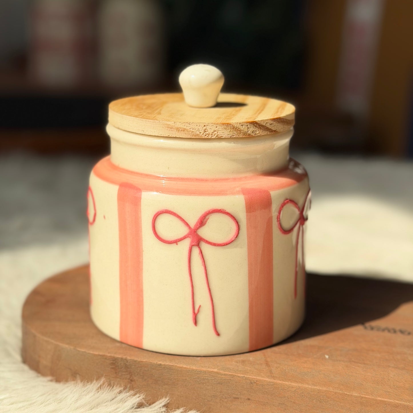 Blush Bow Jar with Wooden Lid