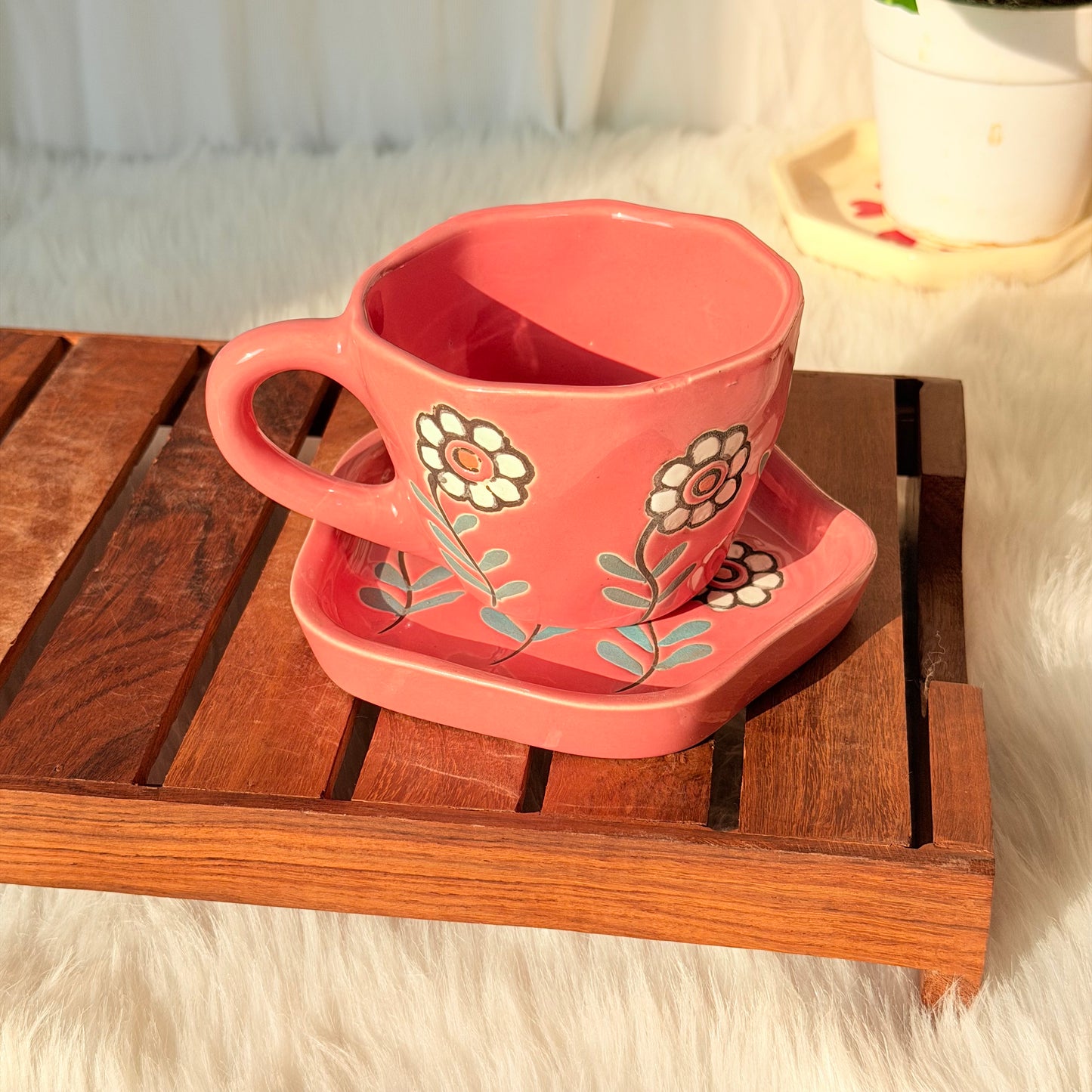 Coral Bloom Ceramic Cup & Saucer Set