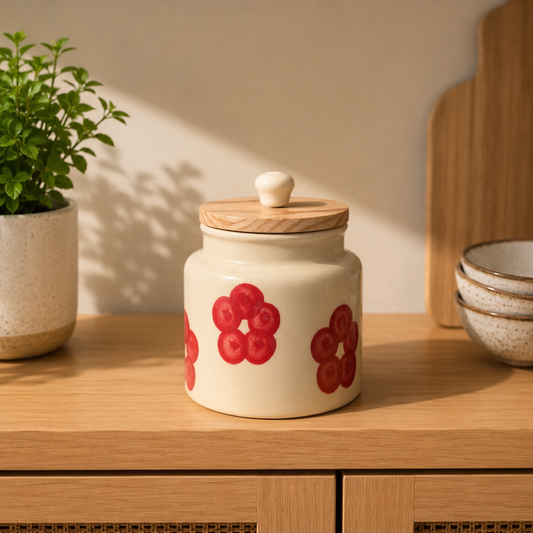 Blush Bloom Ceramic Storage Jar with Wooden Lid