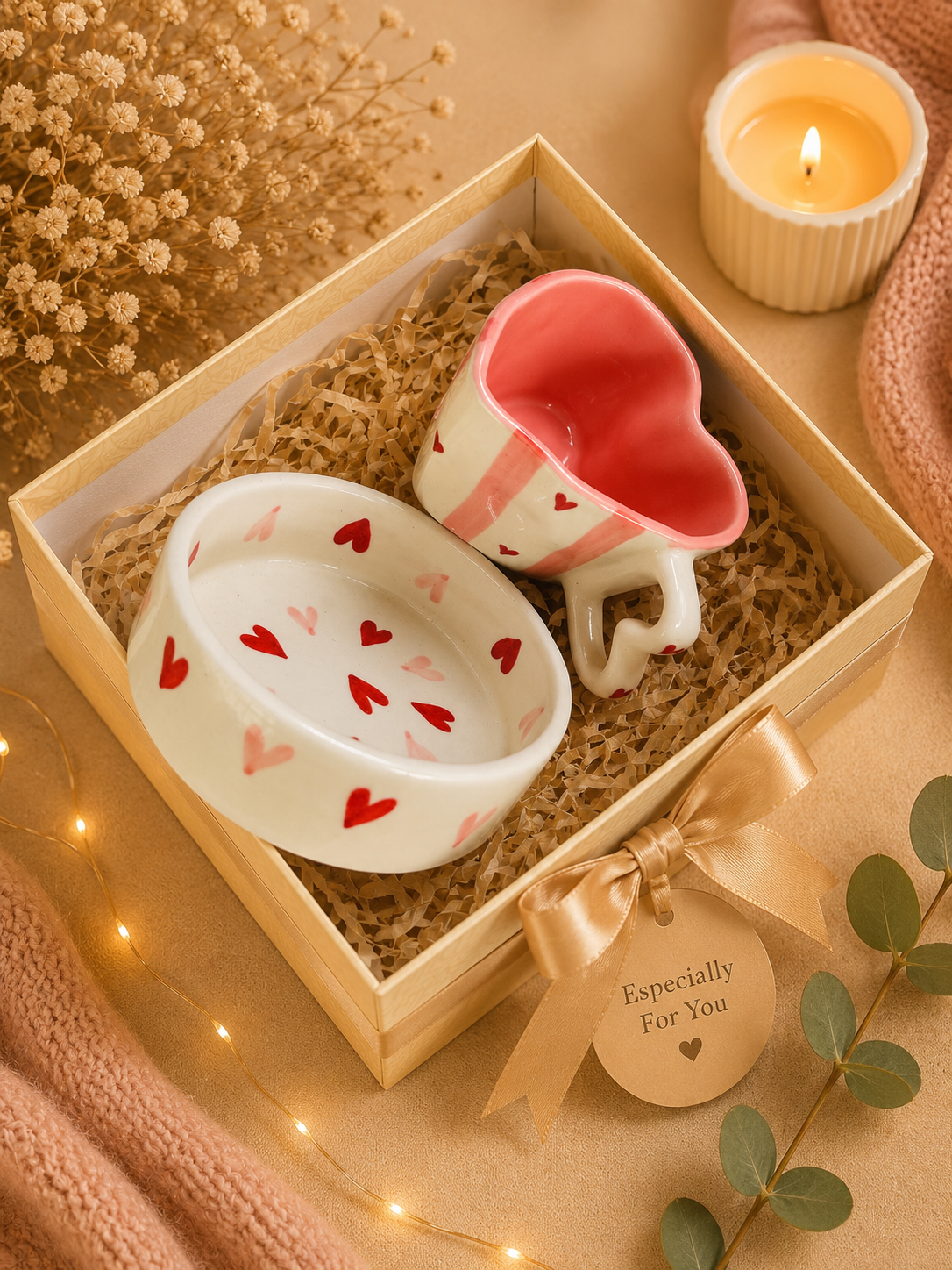 Heart Mug & Snack Bowl Gift Set – Romantic Ceramic Gift Box