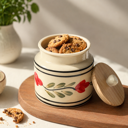 Blossom Handpainted Ceramic Storage Jar with Wooden Lid
