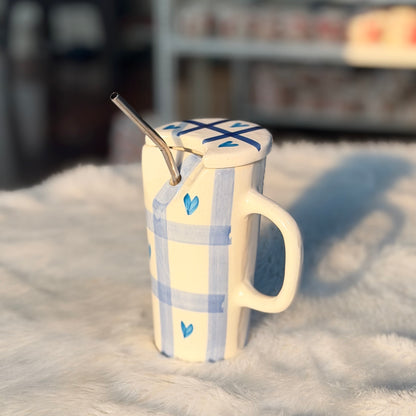 Blue Plaid Ceramic Sipper Mug with Straw