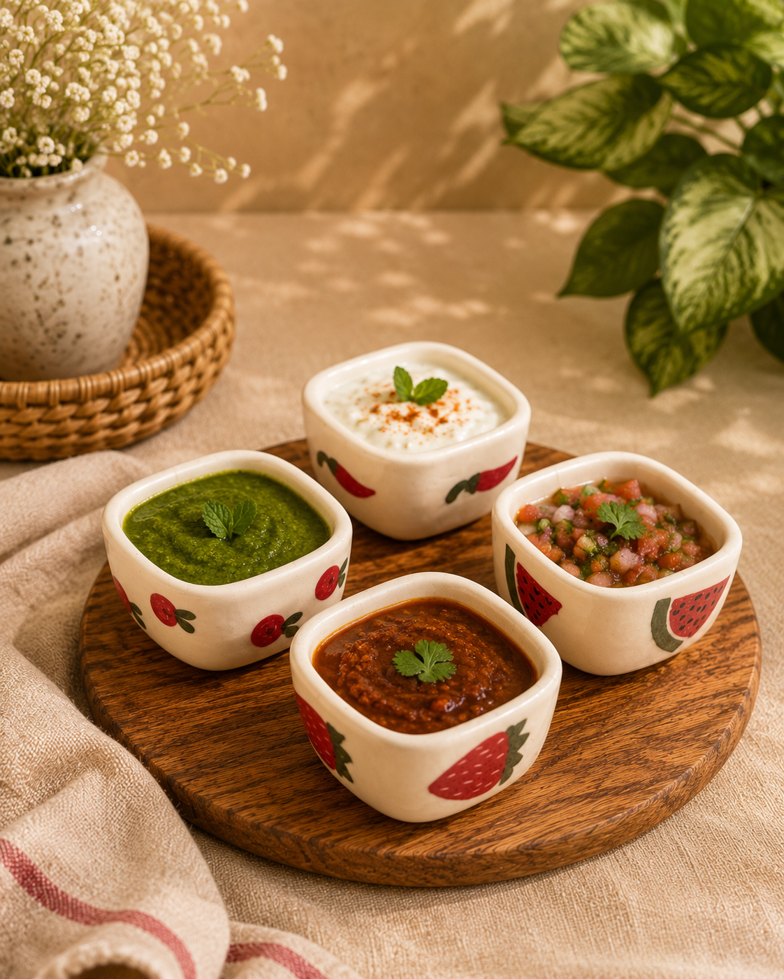 Set of 4 Hand-Painted Mini Ceramic Dip Bowls | Fruit Collection Snack & Chutney Bowls