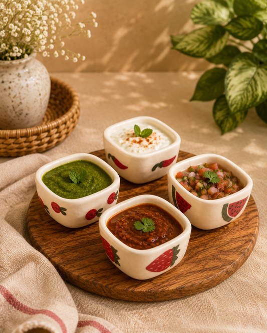 Set of 4 Hand-Painted Mini Ceramic Dip Bowls | Fruit Collection Snack & Chutney Bowls
