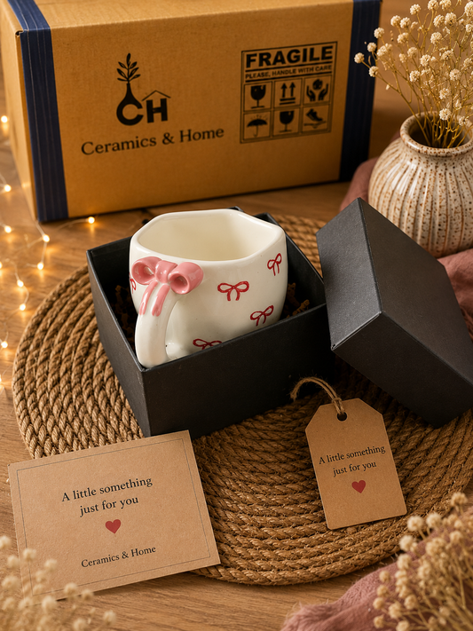 Pink Bow Handle Handmade Ceramic Mug – Gift Edition