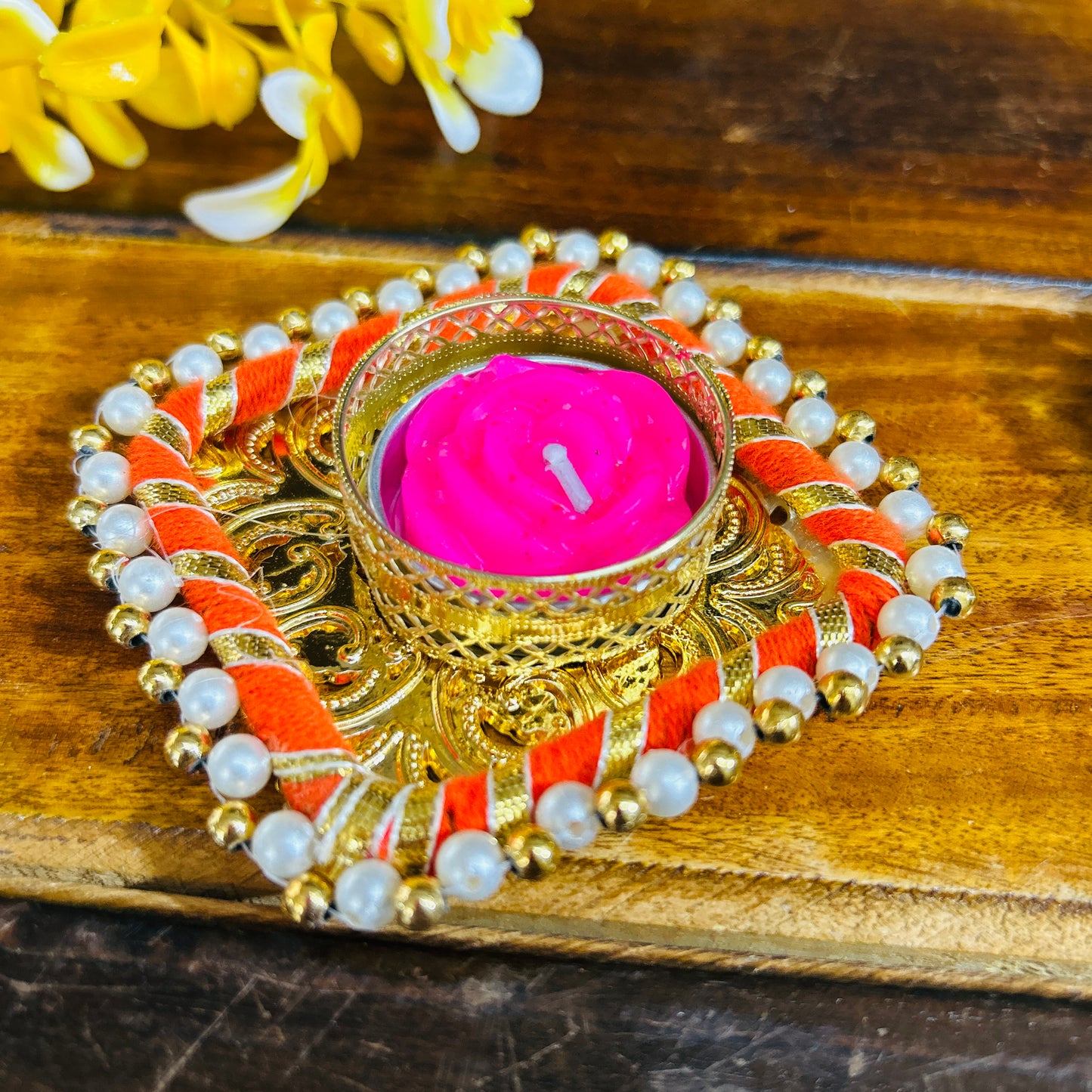 Colorful Square T light Holder with candle (Set of 2)