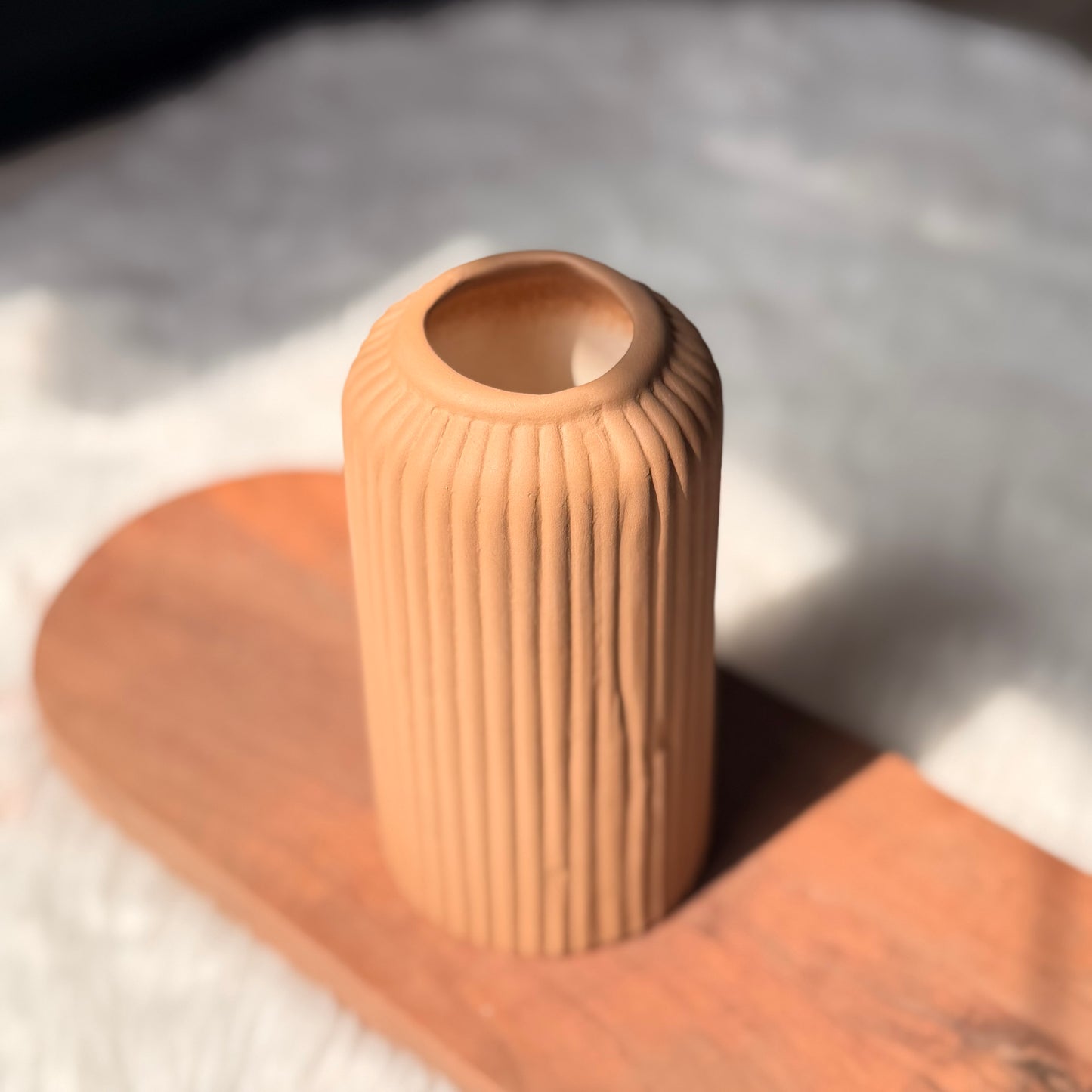 Rustic Ribbed Terracotta Ceramic Flower Vase