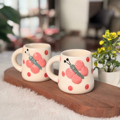 Handcrafted Butterfly Polka Dot Ceramic Mug – Pink Butterfly Coffee Mug
