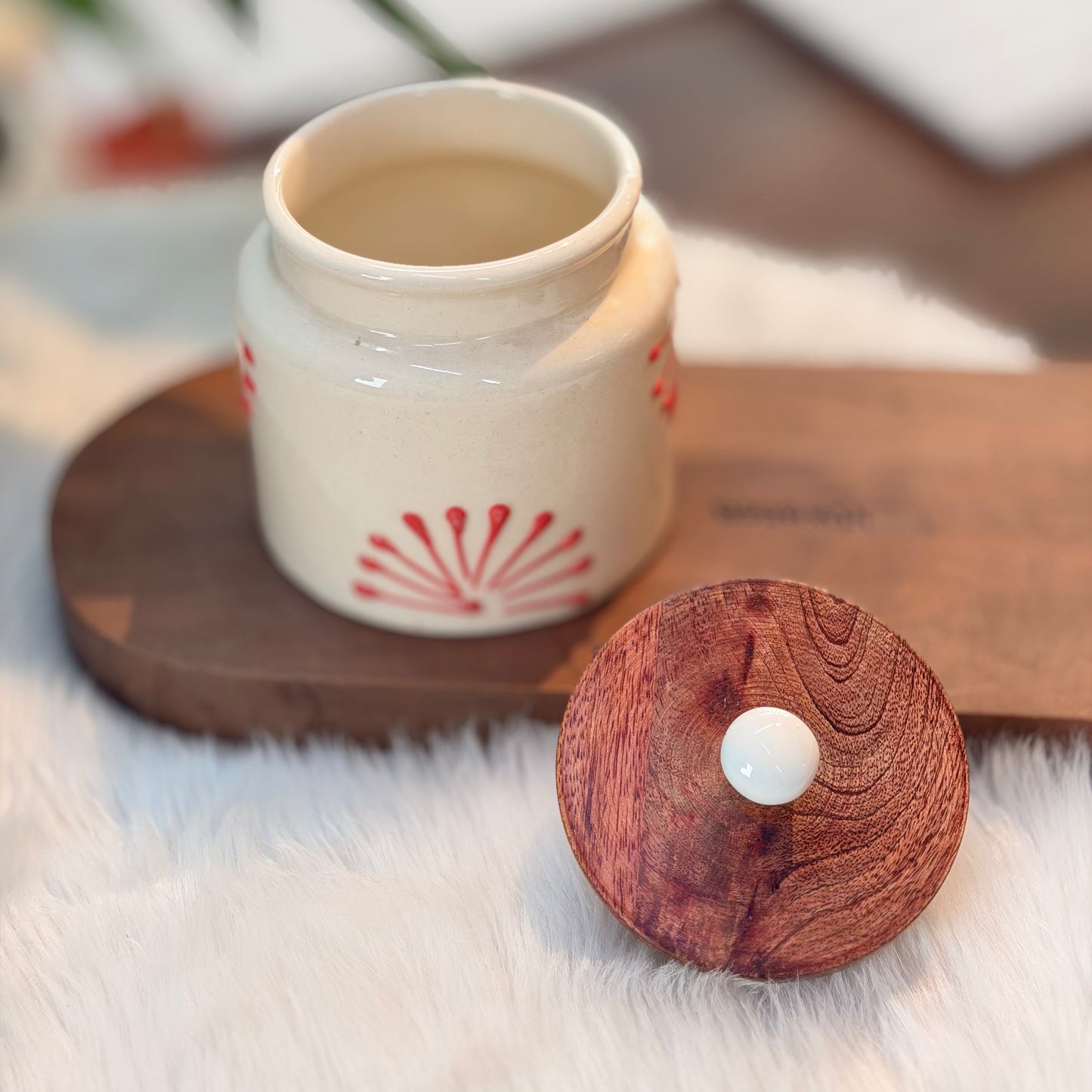 Ceramic Storage Jar with Wooden Lid – Floral Red Design