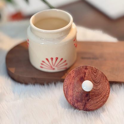 Ceramic Storage Jar with Wooden Lid – Floral Red Design