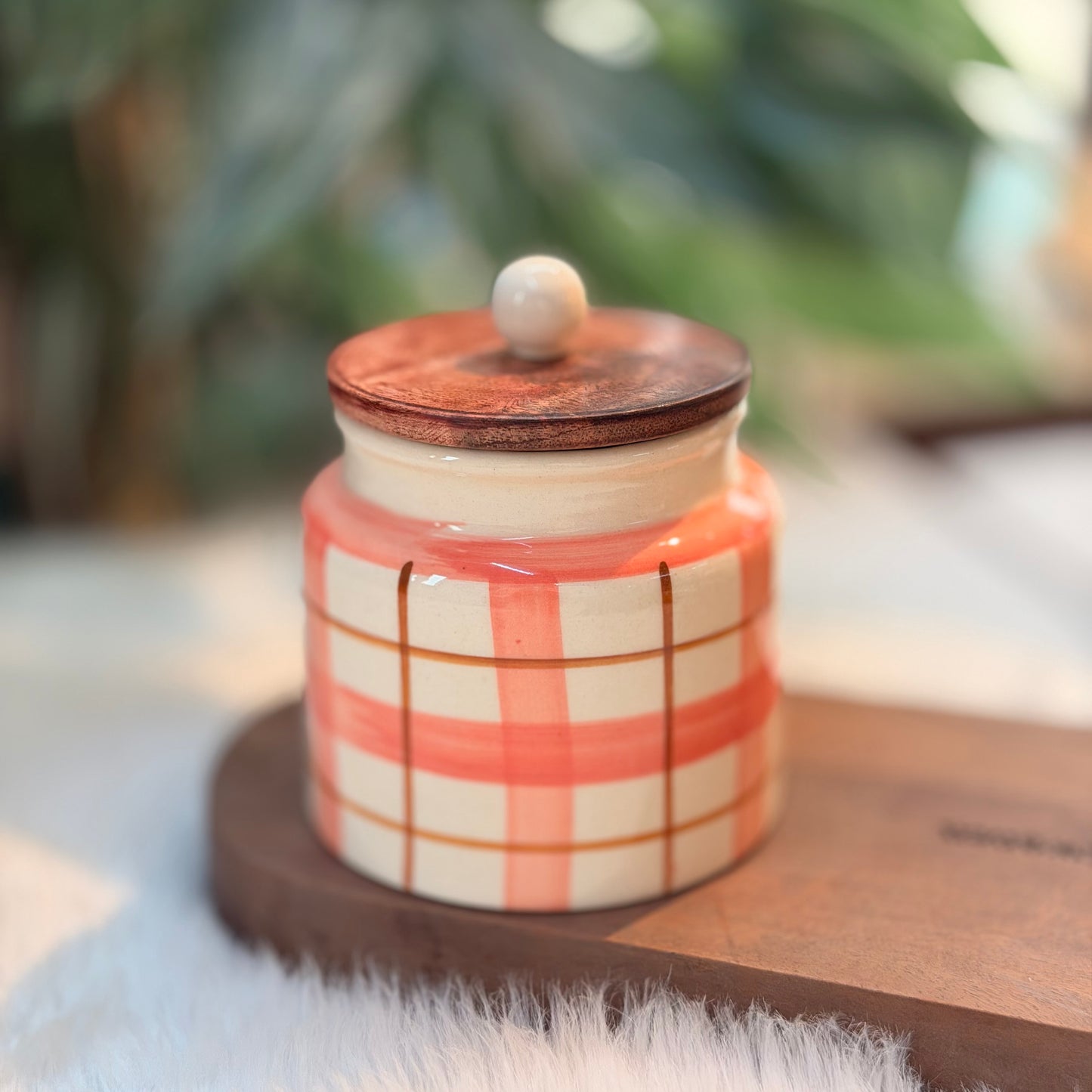 Pink Plaid Ceramic Storage Jar with Wooden Lid