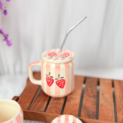 Strawberry Bliss Handcrafted Ceramic Sipper Mug with Lid & Straw