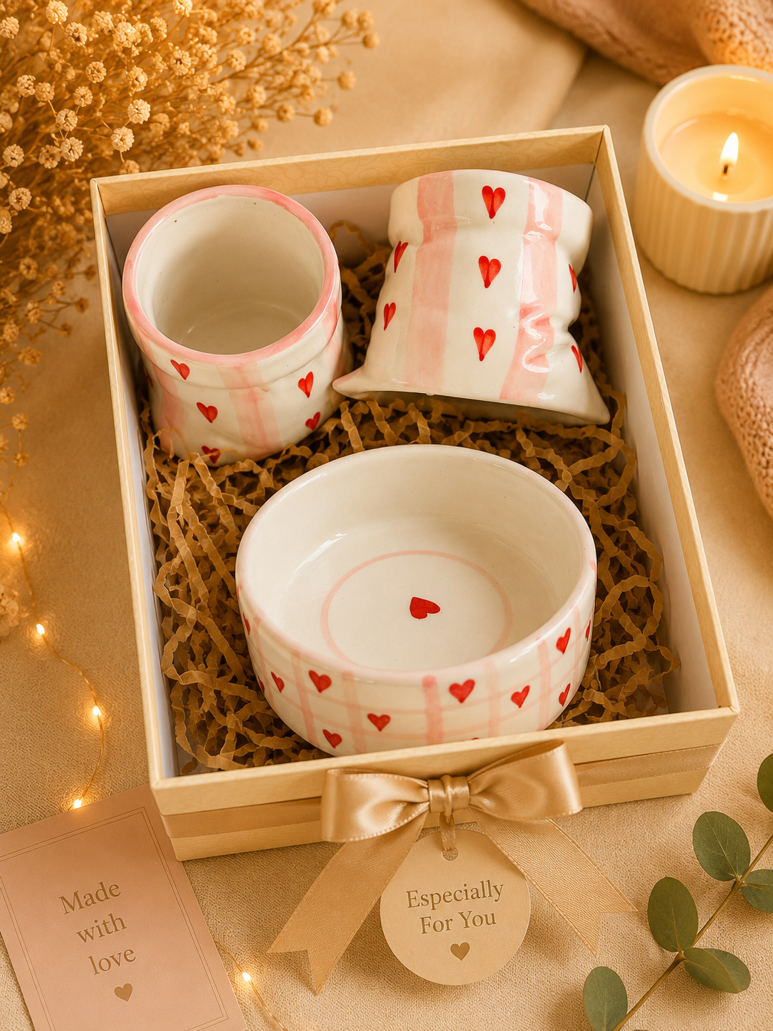 Blush Hearts Coffee Gift Hamper (Set of 3) | 2 Coffee Mugs & Heart Snack Bowl