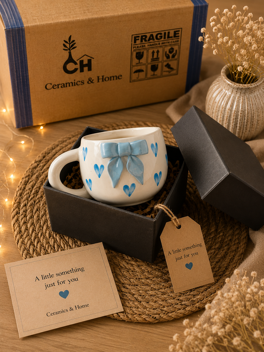 Blue Bow & Hearts Handmade Ceramic Mug – Gift Edition