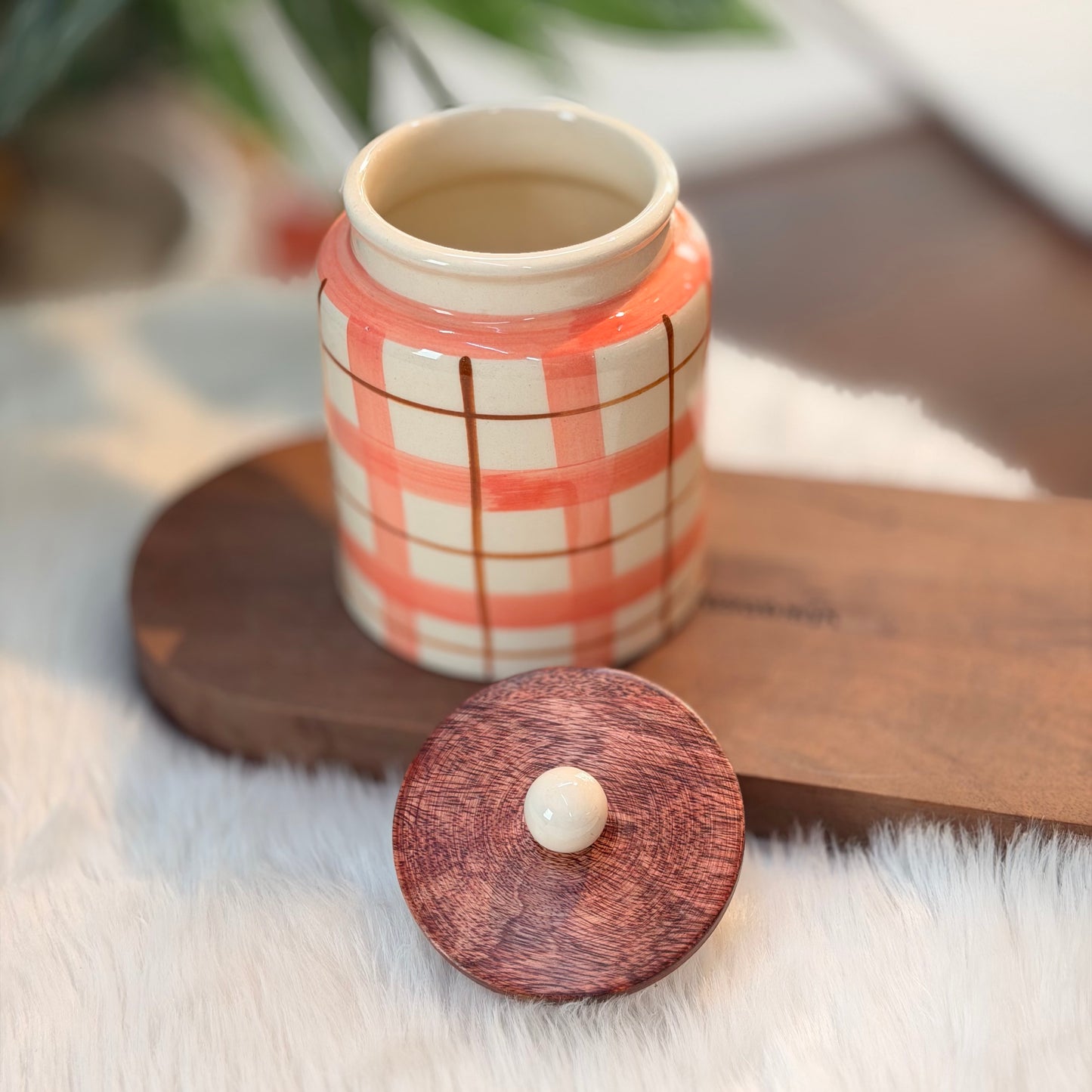 Pink Plaid Ceramic Storage Jar with Wooden Lid