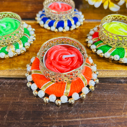 Colorful Round T light Holder with Candle (set of 4)