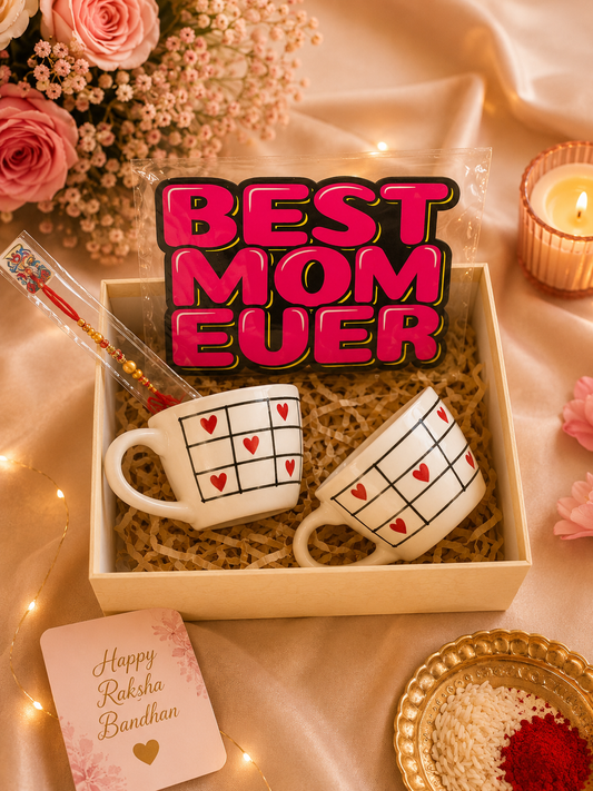 Best Mom Ever Rakhi Gift Hamper | Set of 2 Handmade Ceramic Coffee Cups with Decorative Wall Quote & Rakhi