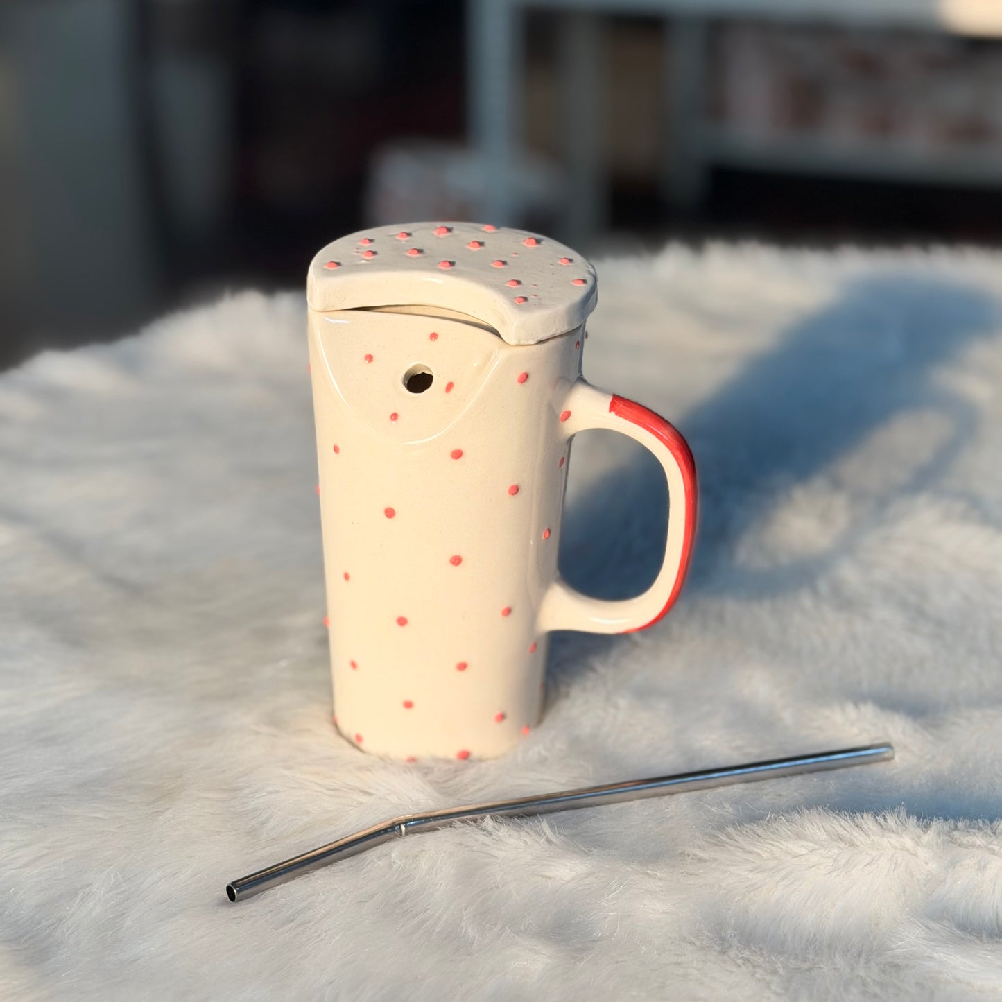 Pink Polka Dot Ceramic Sipper Mug with Lid & Steel Straw