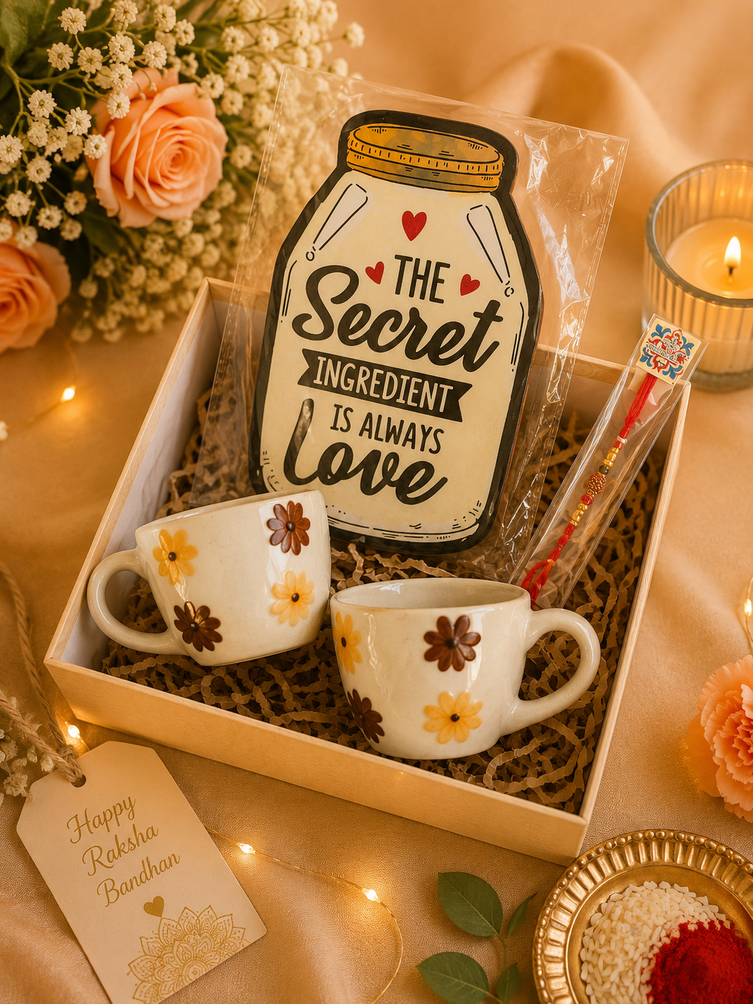 Floral Ceramic Tea Cup Rakhi Hamper Gift Box with Motivational Wall Decor & Rakhi | Gift Set for Brother