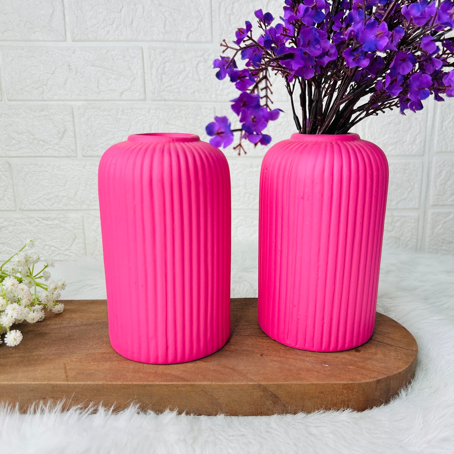 Matte Pink Ribbed Ceramic Vase – Modern Minimalist Home Décor
