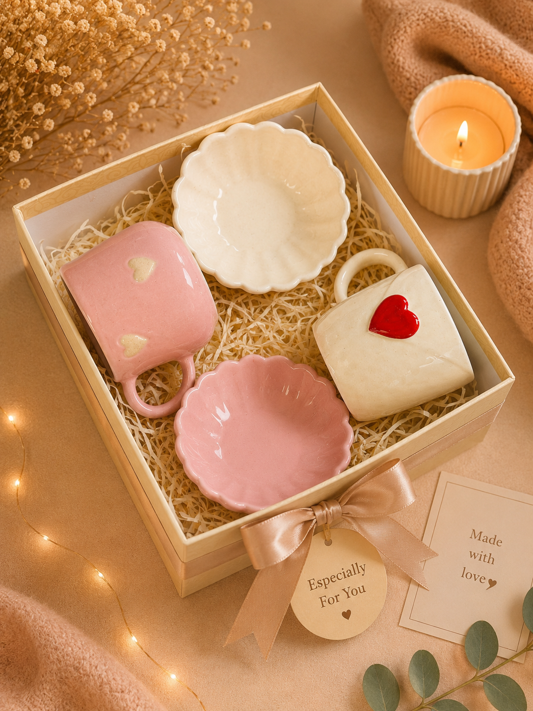 Love & Blush Ceramic Coffee Gift Hamper Set (Set of 4)