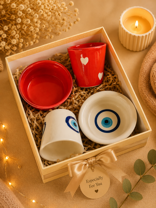 Evil Eye & Heart Ceramic Tea Cup & Snack Bowl Gift Set – Premium Gift Box (Set of 4)