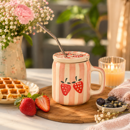 Strawberry Bliss Ceramic Mug with Lid & Steel Straw