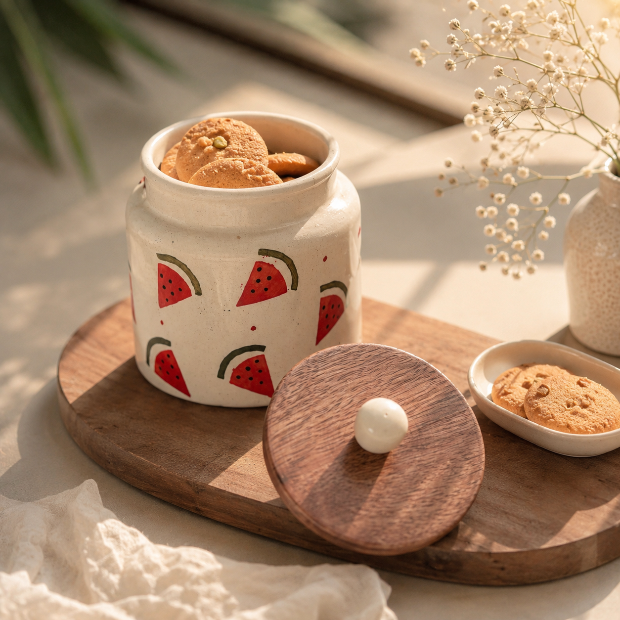 Watermelon Ceramic Storage Jar with Wooden Lid