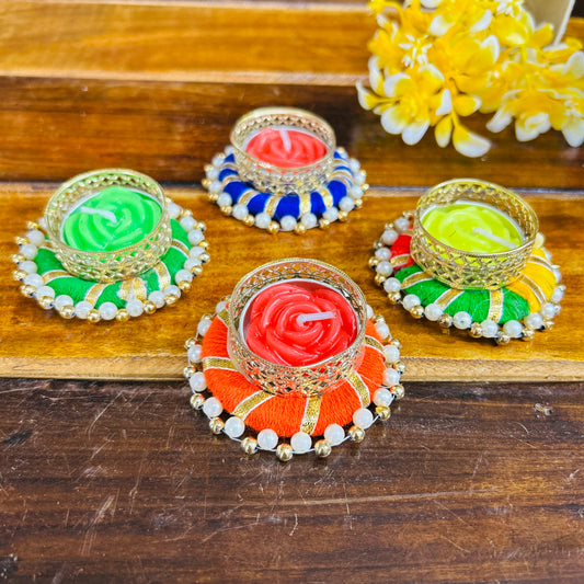 Colorful Round T light Holder with Candle (set of 4)