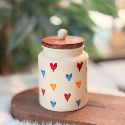 Colorful Hearts Ceramic Storage Jar with Wooden Lid