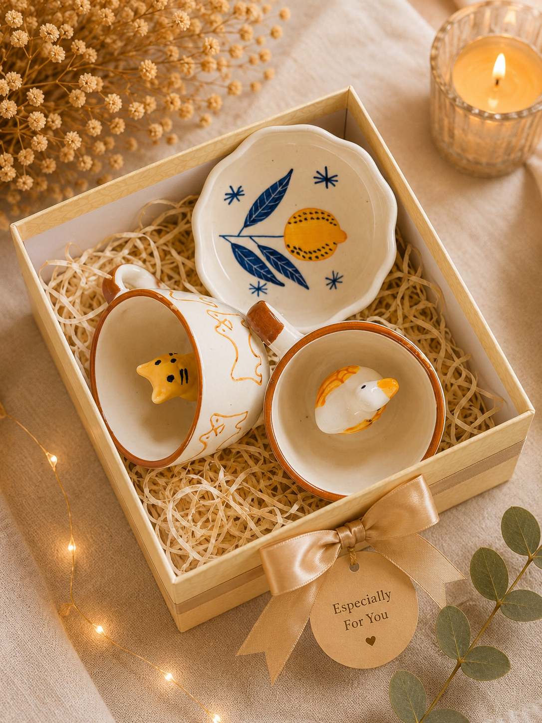 Animal Surprise Mug & Lemon Dessert Plate Gift Set – Premium Ceramic Gift Box