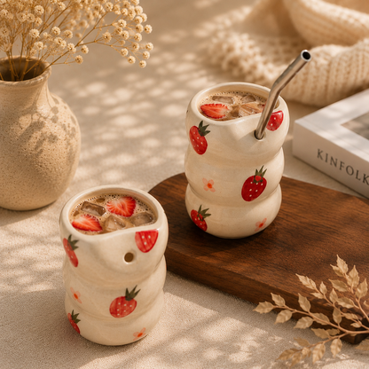 Strawberry Ceramic Sipper with Straw