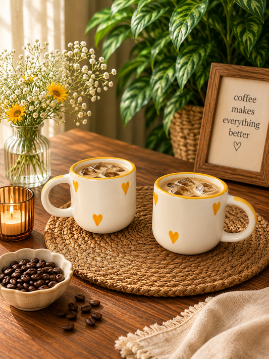 Handcrafted Yellow Heart Ceramic Mug – White & Mustard Yellow | 300 ML