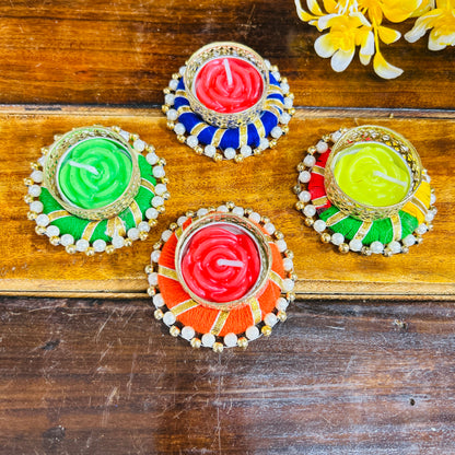 Colorful Round T light Holder with Candle (set of 4)