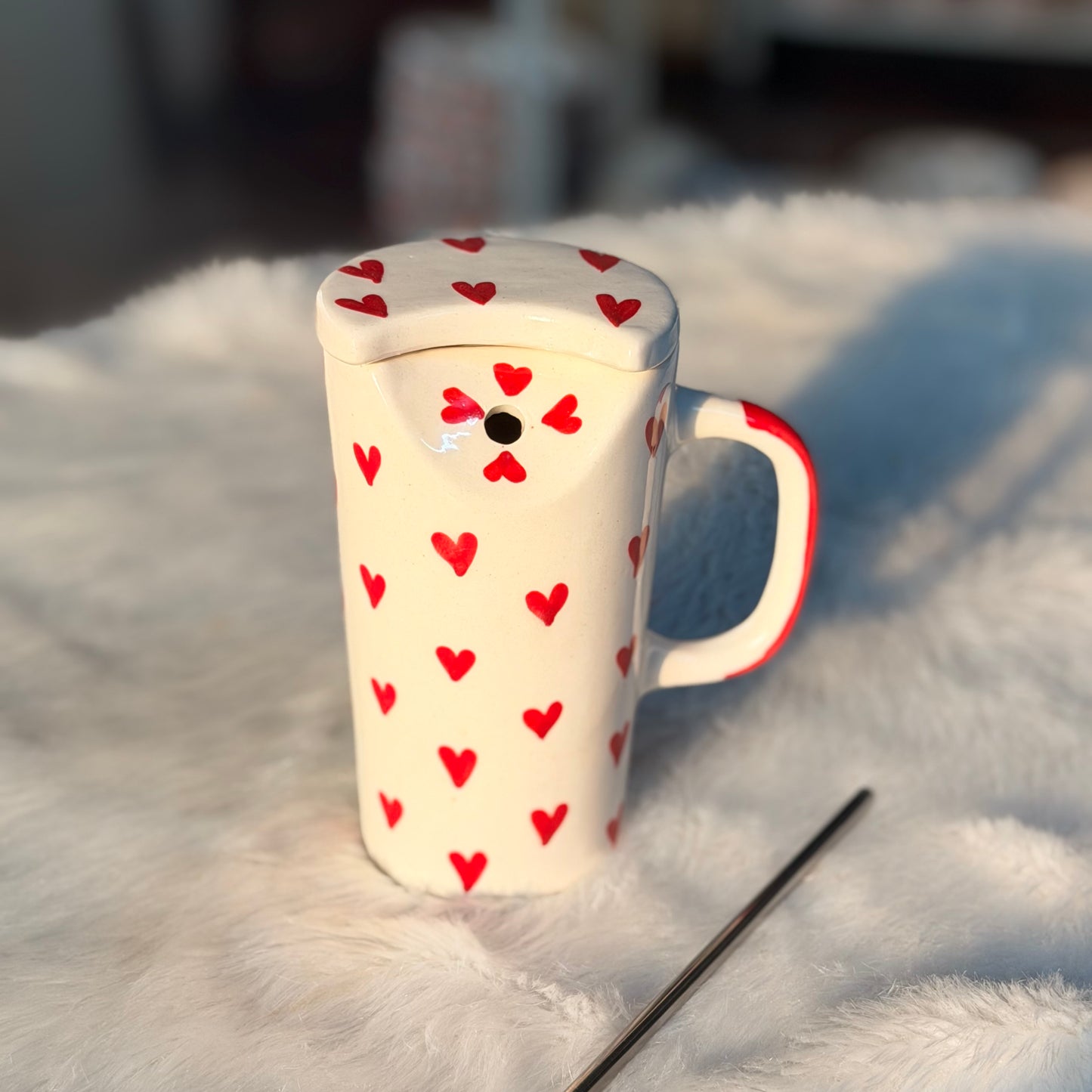 Red Heart Ceramic Sipper Mug with Straw