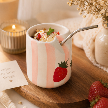 Strawberry Ceramic Yogurt Mug with Straw Holder – Cute Smoothie & Milkshake Mug
