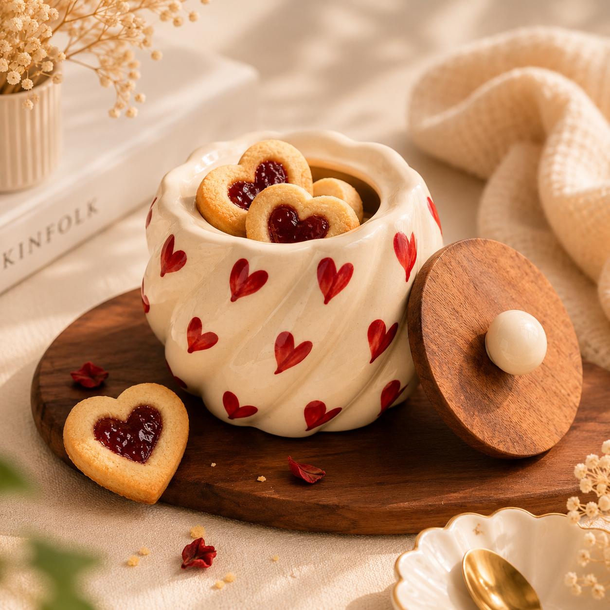 Heart Swirl Ceramic Storage Jar with Wooden Lid