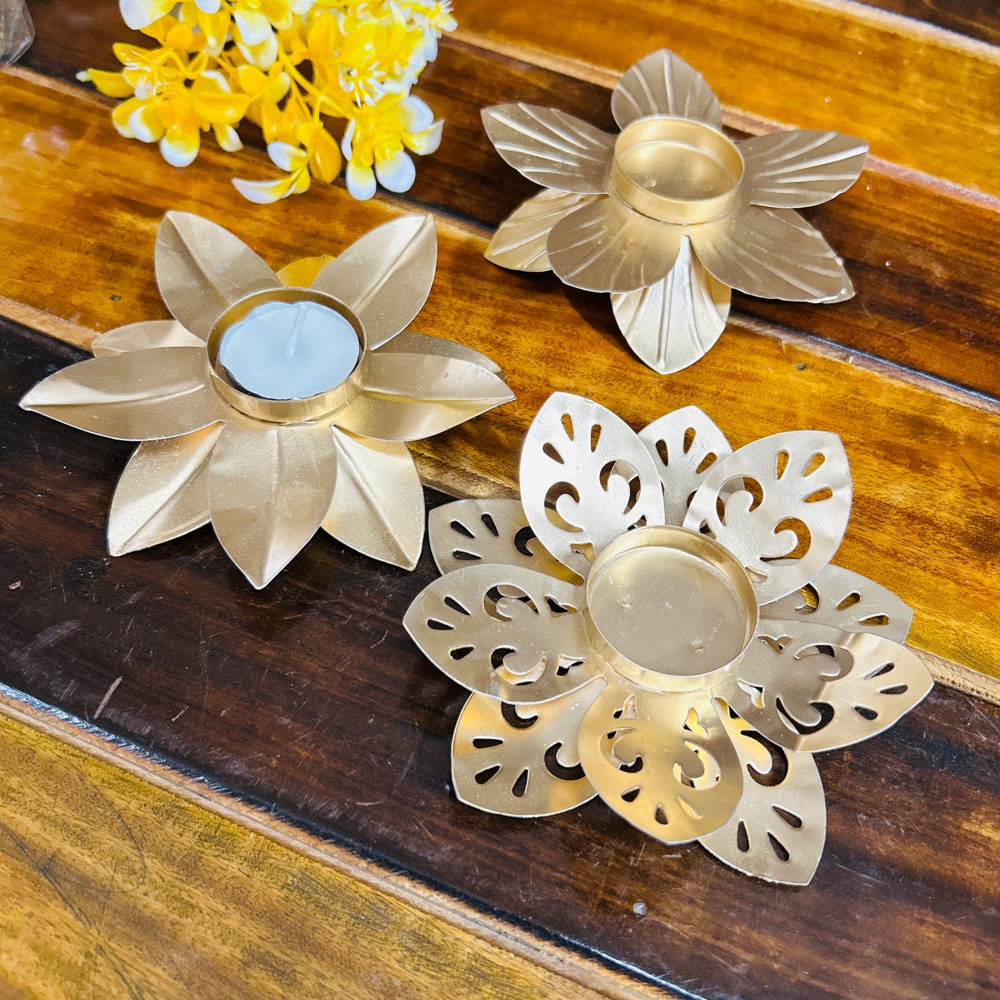Golden Lotus Metal Tea Light Holders (Set of 3)