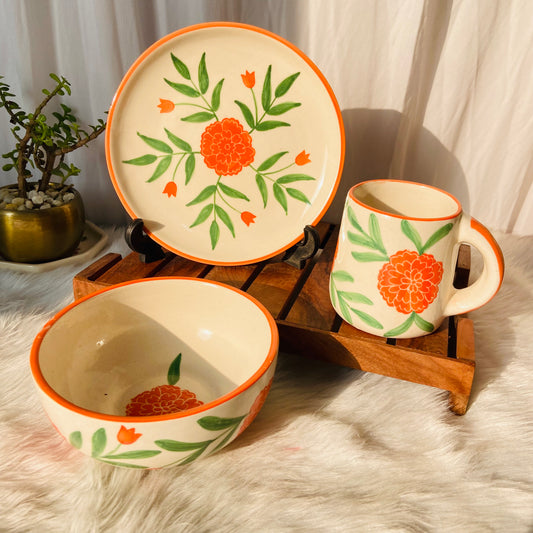Marigold Garden 3-Piece Ceramic Set – Plate, Bowl & Mug (Hand-Painted)