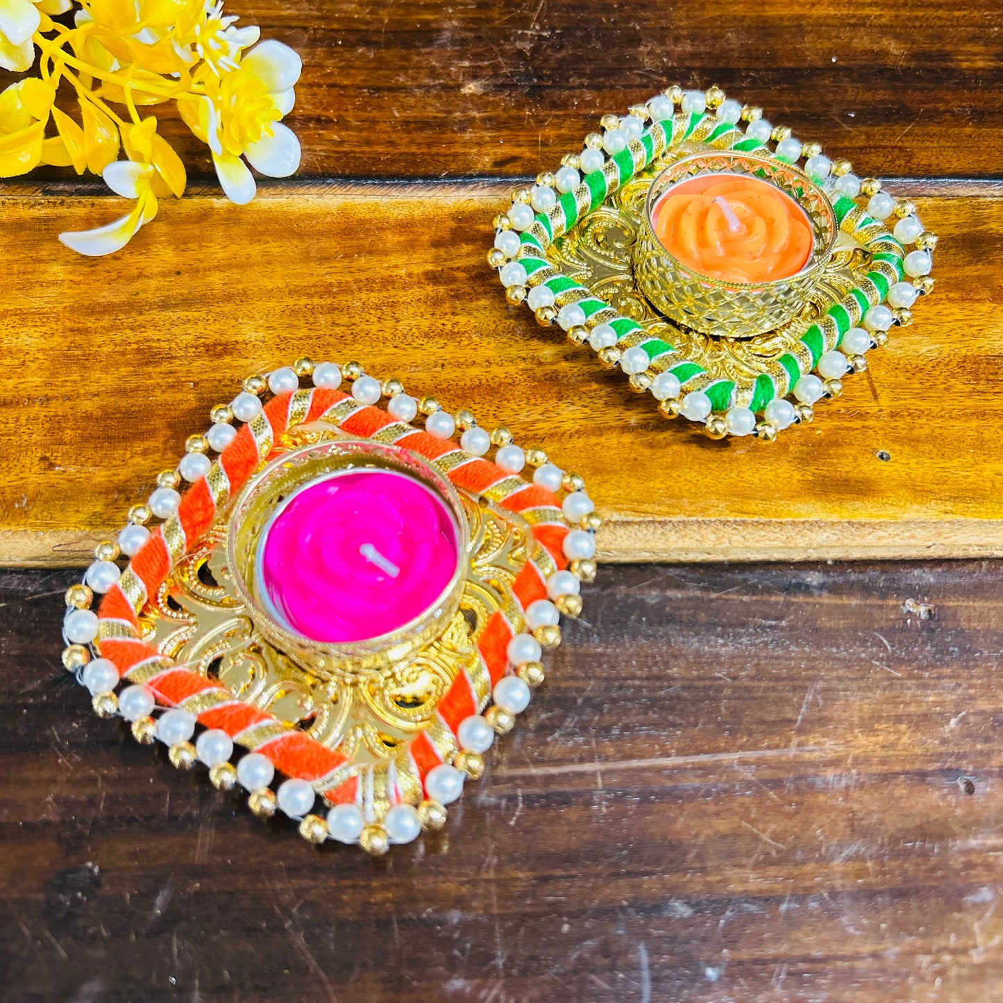 Colorful Square T light Holder with candle (Set of 2)