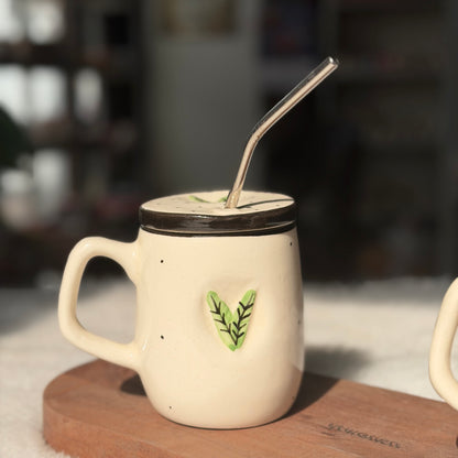 Handcrafted Botanical Brew Ceramic Mug with Lid & Steel Straw